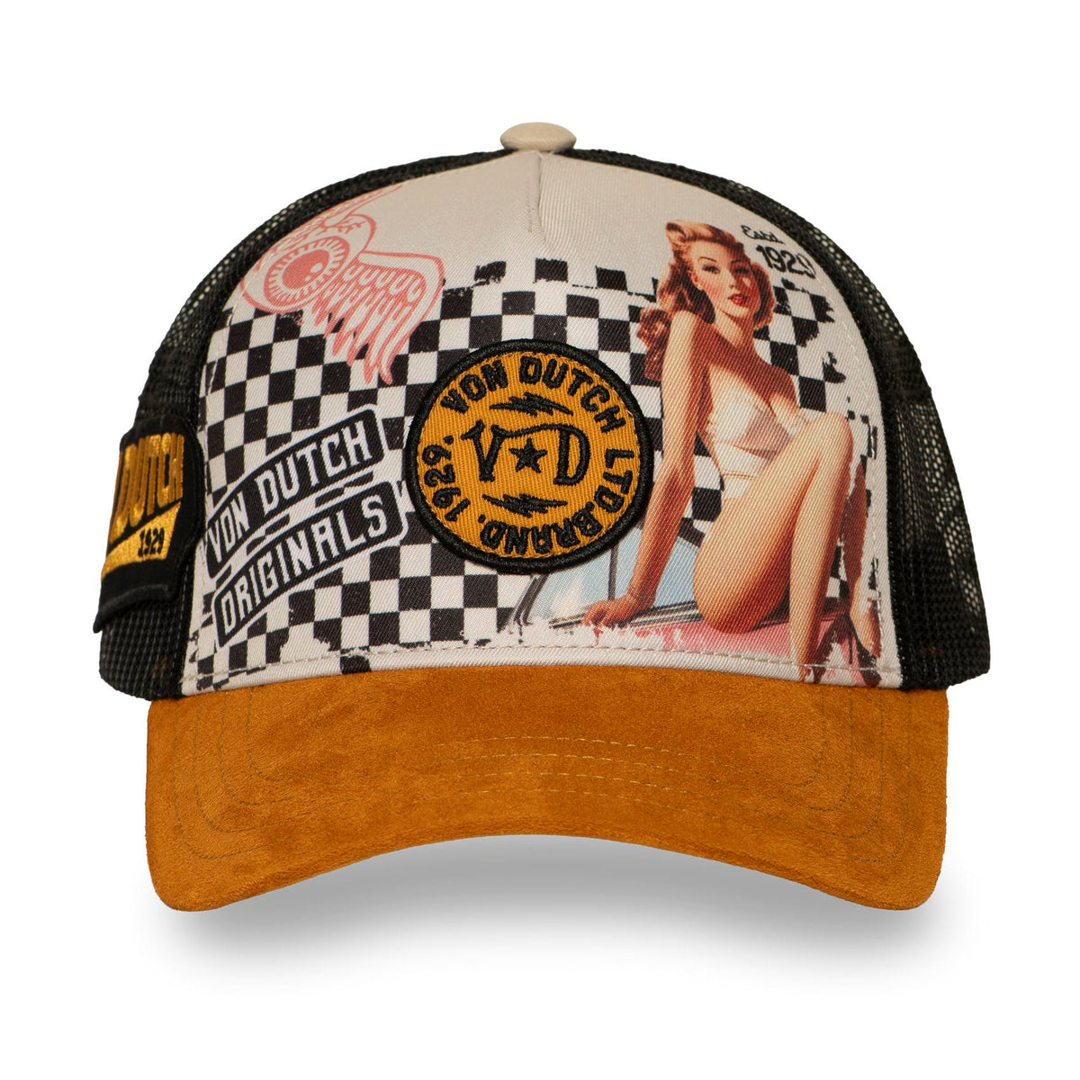 VON DUTCH Trucker Cap – Pin‑Up Series No. 3 (Checker Garage Edition)