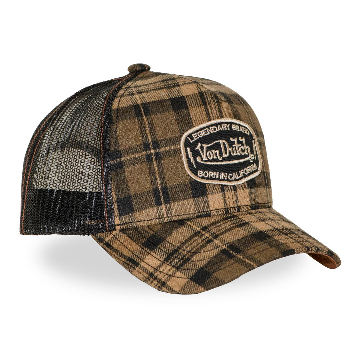VON DUTCH Trucker Cap – Brown Plaid Flannel Edition