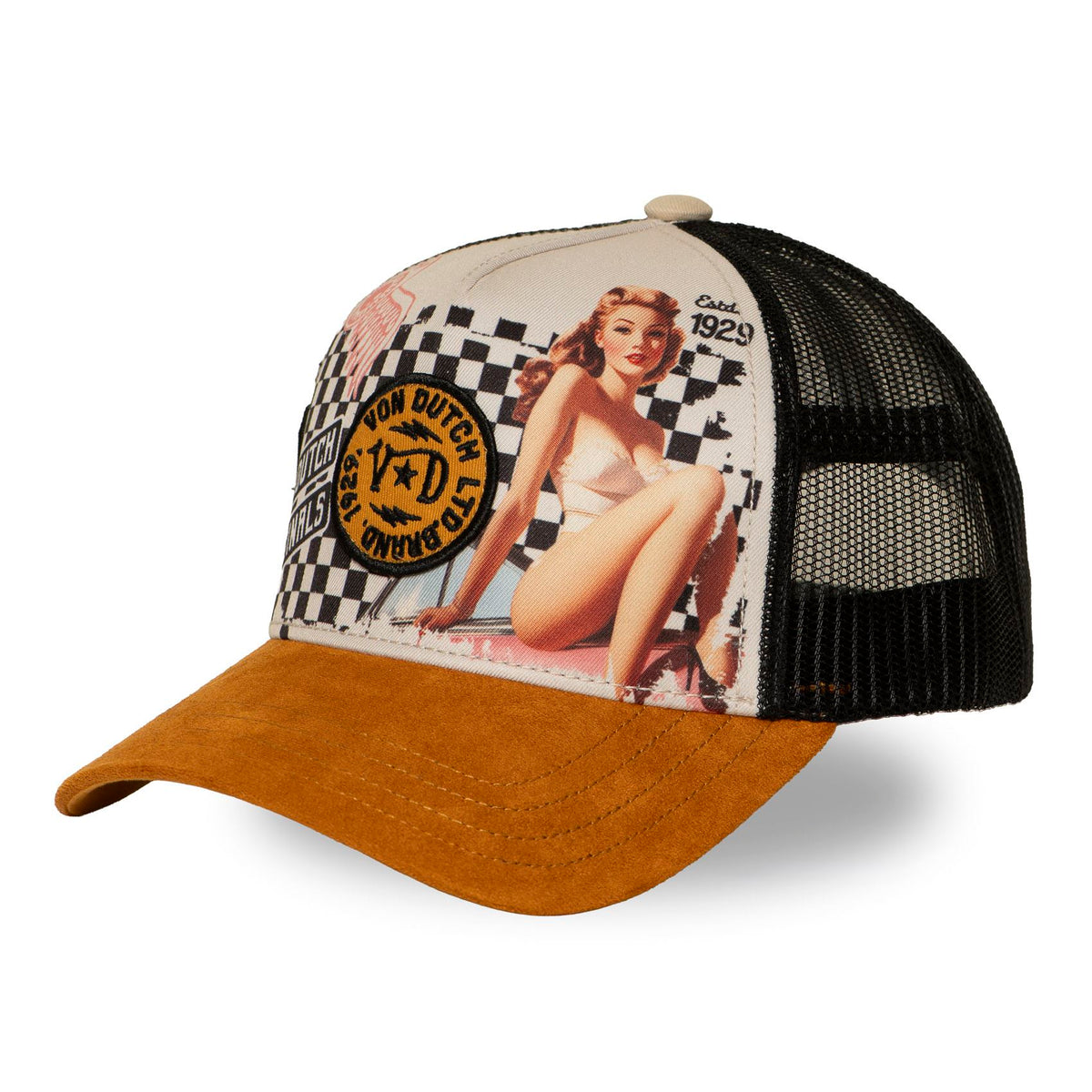 VON DUTCH Trucker Cap – Pin‑Up Series No. 3 (Checker Garage Edition)