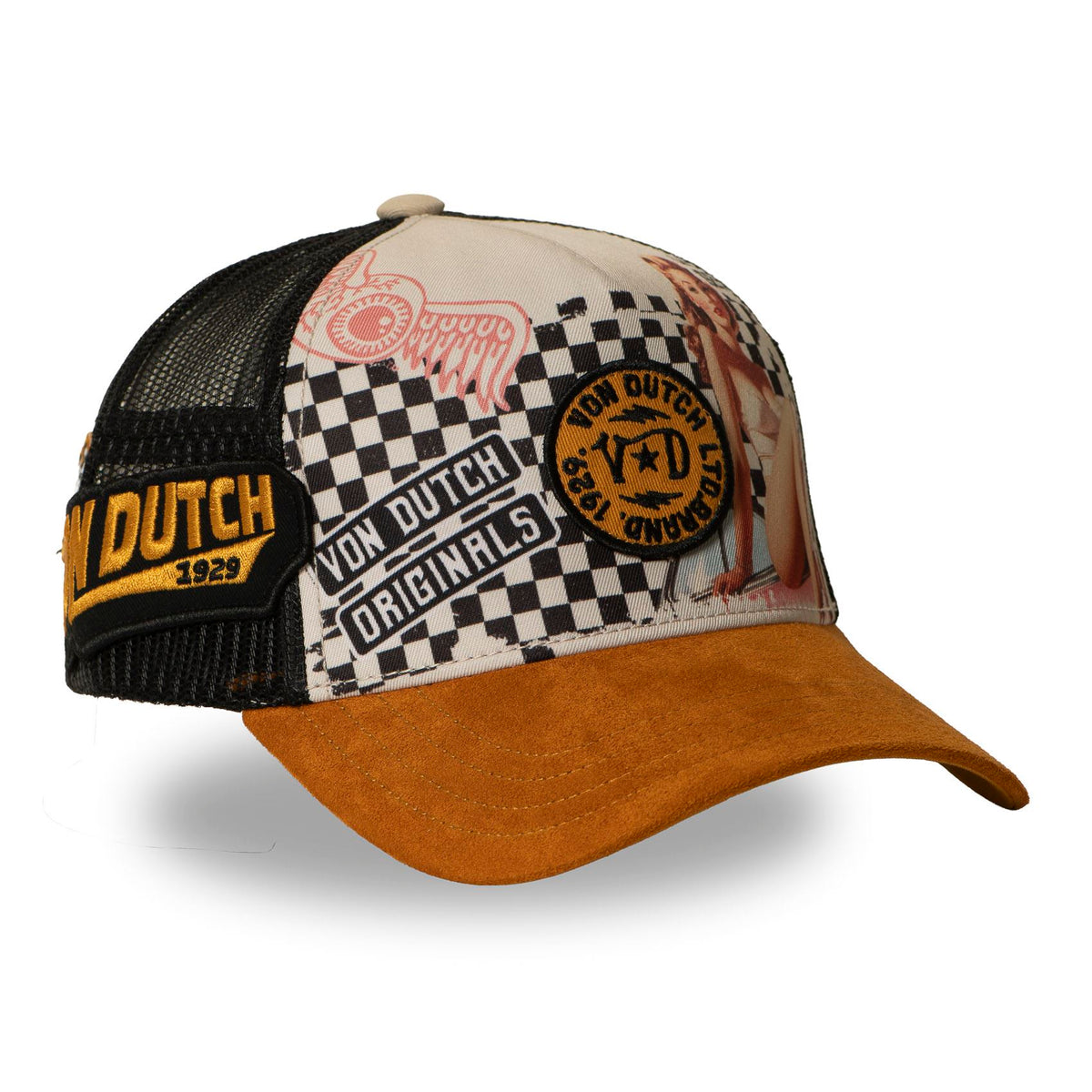 VON DUTCH Trucker Cap – Pin‑Up Series No. 3 (Checker Garage Edition)