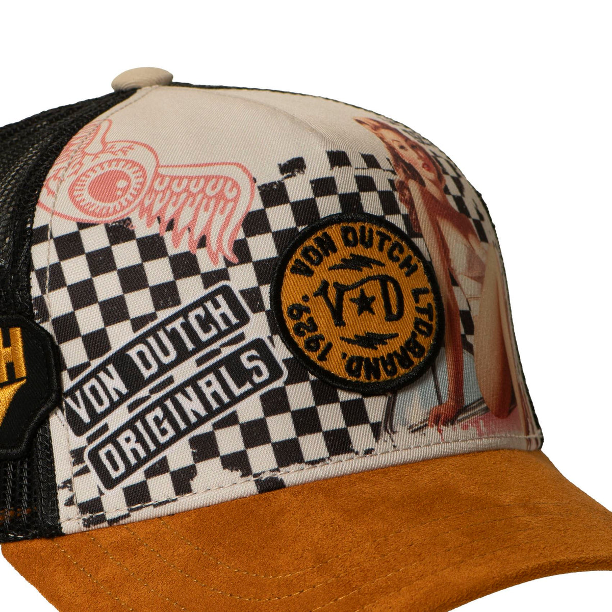 VON DUTCH Trucker Cap – Pin‑Up Series No. 3 (Checker Garage Edition)