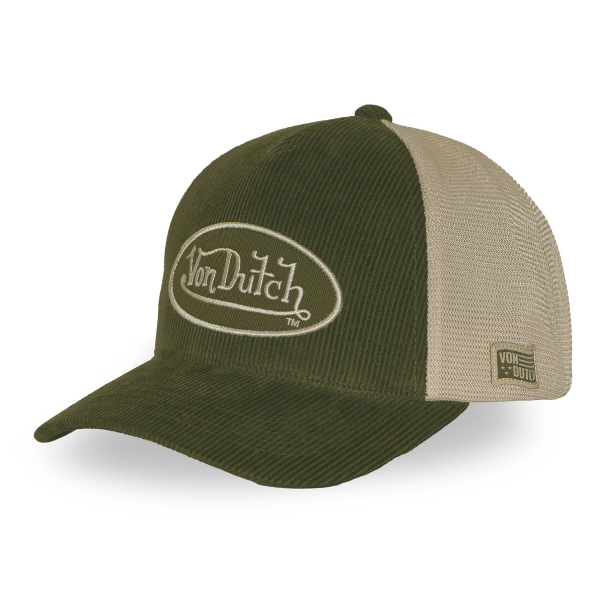 VON DUTCH Trucker Cap – Olive Corduroy & Beige Mesh Edition