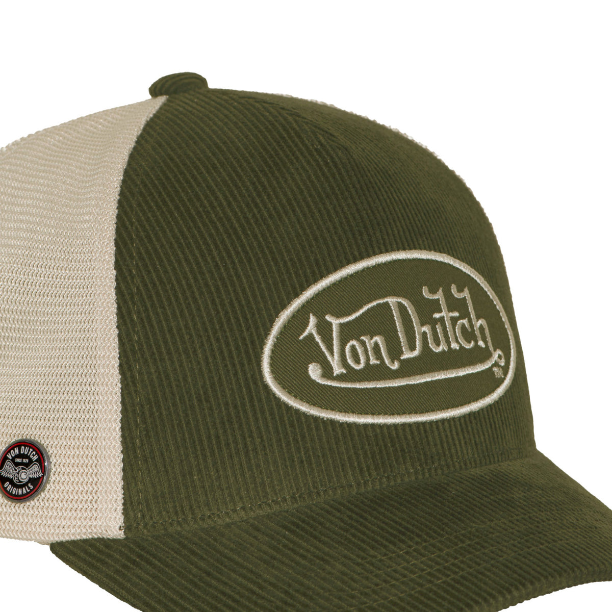 VON DUTCH Trucker Cap – Olive Corduroy & Beige Mesh Edition
