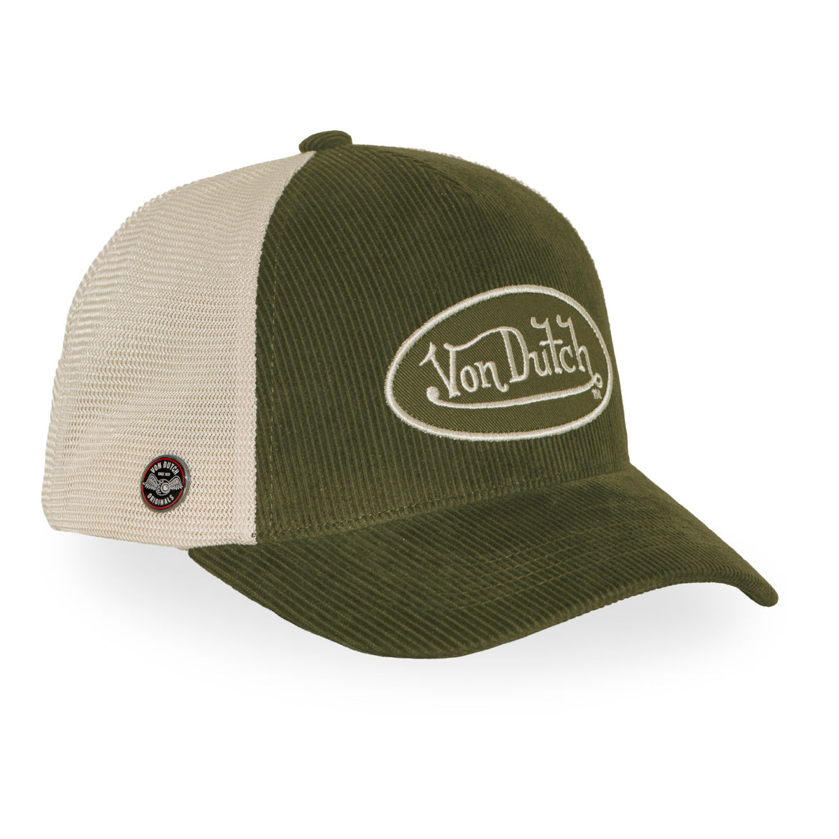 VON DUTCH Trucker Cap – Olive Corduroy & Beige Mesh Edition